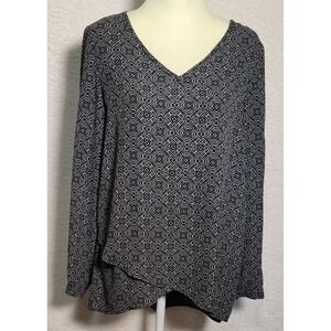 Chelsea & Theodore Blouse Top Black‎ White Geometric Medium Long Sleeve 0367